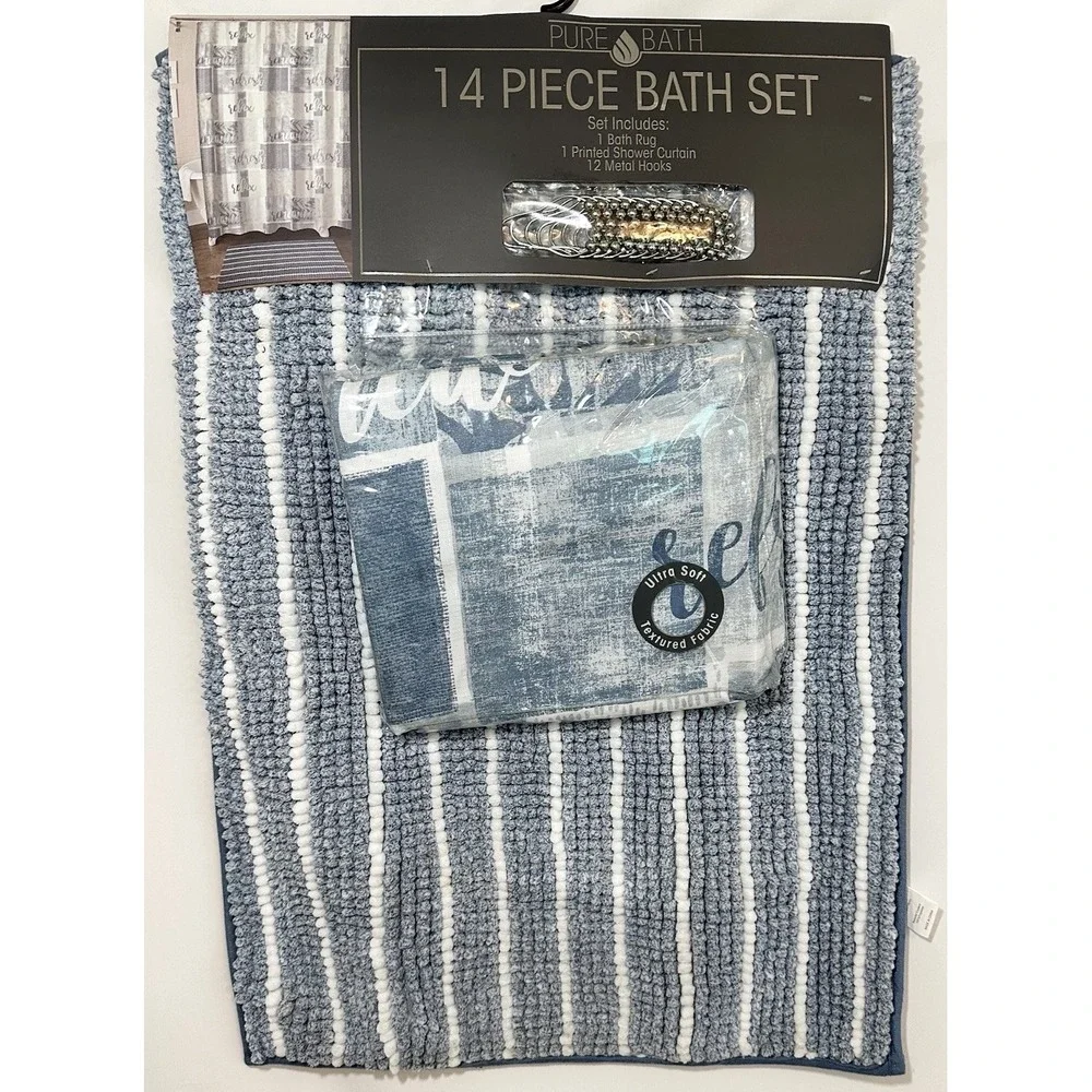 PURE BATH *NEW *Blue White 14 Piece Bath Set Rug, Shower Curtain, 12 Metal Hooks